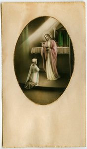 Die Eucharistie, Heilige Kommunion, das Sakrament des Altars: ein Kind vor Jesus (Gravur)