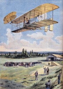 Die fliegenden Männer: die Erfahrungen von Wilbur Wright (1867-1912) über der Rennbahn Hunaudières, in der Nähe der Stadt Le Mans. Gravur aus der Zeitung „Le Peute Parisien“, am 30.08.1908. Private Sammlung.