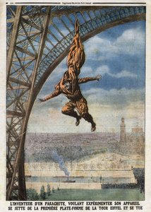 Der französische Schneider österreichischer Herkunft Franz (oder François) Reichelt (1879-1912), Erfinder eines Fallschirms, der sein Fluggerät ausprobieren will, stürzt sich von der ersten Plattform des Eiffelturms und tötet sich. Gravur in „Le Petit Jour von Anonymous Anonymous
