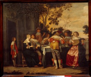 Die galante Szene Kartenspiel mit Paar von Spielern und Musikern. Anonymes Gemälde von Anonymous Anonymous