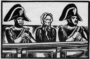 Der Fall Henriette Cornier, dargestellt im Zeugenstand während ihres Prozesses wegen des Mordes an einem Säugling, in der Nähe ihrer Arbeitgeber im November 1825. Illustration aus „Le Petit Journal illustré“ 1931