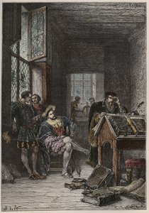 Der König von Frankreich Franz I. (1494-1547), Beschützer der Künste und Wissenschaften, besucht die Werkstätten der Drucker Estienne, ca. 1540