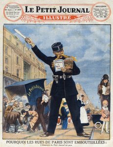 Die Pariser Bevölkerung nutzte einen Lieferwagen und einen Polizisten, der den Almanach las, anstatt den Verkehr zu regeln, aus „Le petit journal illustré“ von Anonymous Anonymous