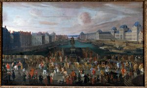 Der Pont Neuf gesehen vom Eingang zur Place Dauphine, das Quai Malaquais mit dem College der Vier Nationen (Institut de France) im Bau, die Grande Galerie und der Louvre beim Vorbeiziehen eines Zuges. Anonymes Gemälde. 1665