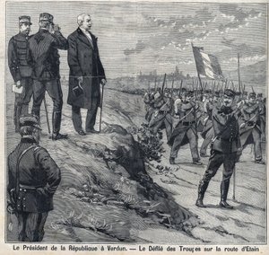 Der Präsident der Republik Felix Faure (1841-1899) besucht Verdun (Meuse): der Umzug der Militärschule der Straße von Etin. Gravur in „Le Petro Parisien“