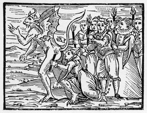 Das Sabbatritual des Kusses auf die Gesäßbacken des Teufels - „Compendium Maleficarum“, behandelt Hexen, ihre Unglücke und ihre Zaubersprüche von Francesco Maria Guazzo oder Guaccio oder Guaccius (15?? -16??) 1608 Private Sammlung