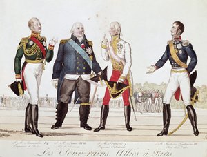Die alliierten Souveräne: Alexander I. von Russland, Ludwig XVIII. von Frankreich, Franz II. von Österreich und Friedrich Wilhelm III. von Preußen während der Unterzeichnung der Allianz in Paris September 1815 von Anonymous Anonymous
