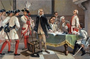 Die Verhaftung von Francois Anneessens im Jahr 1719, weil er der Hauptanstifter des Brüsseler Aufstands von 1717 war. Werbechromolithographie von Antoine-Schokoladen in Brüssel, Anfang des 20. Jahrhunderts. Private Sammlung.