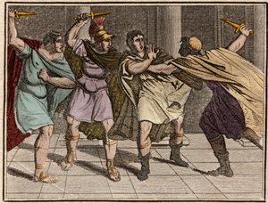 Die Ermordung des römischen Kaisers Julius Caesar (Jules Cesar - Giulio Cesare oder Caius Julius Caesar) am 15. März 44 v. Chr. - Gravur aus „Die Jugend von Rollin oder Ausgewählte Stücke aus alten und römischen Geschichten“ 1816 - Private Sammlung. von Anonymous Anonymous