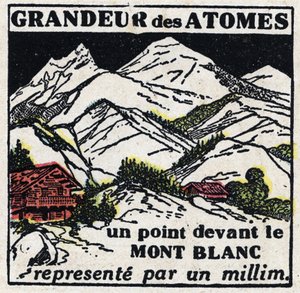 Das Atom und die Wissenschaft: die Größe der Atome. Ein Punkt vor dem Mont Blanc dargestellt durch einen Millimeter. Anonyme Illustration von 1925. Private Sammlung. von Anonymous Anonymous