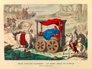 Der Wagen eines faulen Königs mit einem Bauernwagen im Hintergrund (Gravur)