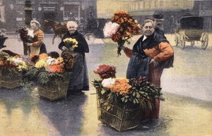Die Chrysanthemen-Party: Chrysanthemenhändler auf der Straße. Gravur. Eine der Zeitungen "Le petit parisien" vom 20.11.1910. Private Sammlung.