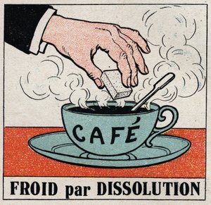 Die Kälteindustrie: Kälte durch Auflösung. Ein Zucker in einer Tasse heißem Kaffee kühlt den Kaffee ab. Anonyme Illustration von 1925. Private Sammlung.