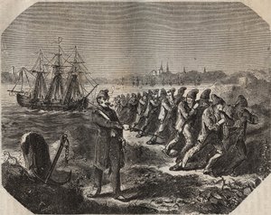 Die Cordelle (Arbeit großer Anstrengung) im Bagne de Rochefort im 19. Jahrhundert. Gravur in „Histoire des bagnes depuis leur création à nos jours“ (1877) von Pierre Zaccone (1817-1895). von Anonymous Anonymous