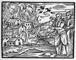 Der Fluch der Zauberer, die die Stadt verbrennen - „Compendium Maleficarum“, behandelt Hexen, ihre Bosheit und ihre Zaubersprüche von Francesco Maria Guazzo oder Guaccio oder Guaccius (15?? -16??) 1608 Private Sammlung