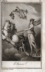 Die Morgenröte (Apollo führt den Sonnenwagen). Allegorie des Sonnenaufgangs. Gravur von 1819 in „Lettres à Emilie sur la mythologie“ von Charles Albert Demoustier (1760-1801). Private Sammlung. von Anonymous Anonymous