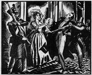 Der Tod des Herzogs von Berry (1778-1820) am 13.02.1820 an der Königlichen Musikakademie. Der Neffe von König Ludwig XVIII. wird an der Oper von Louvel, einem Republikaner, der die königliche Dynastie auslöschen will, ermordet. Illustration aus „Le Petit J von Anonymous Anonymous