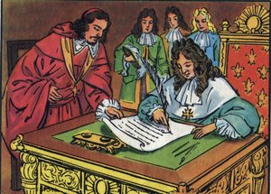 Das Edikt von Fontainebleau, unterzeichnet von Ludwig XIV. am 18. Oktober 1685, widerrief das Edikt von Nantes, das von Heinrich IV. im Jahr 1598 gewährt wurde. Anonyme Illustration in Collection des souverains et chefs d