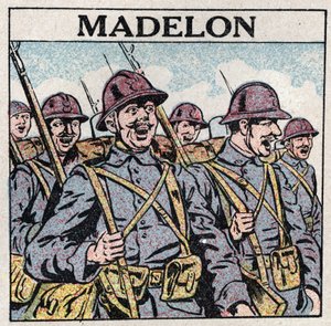 Die Wirkung der Musik: das französische Lied „La Madelon“ gibt den Soldaten Mut. Anonyme Illustration von 1925. Private Sammlung.