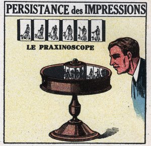 Das Auge: Persistenz der Eindrücke. Das Praxinoskop. Anonyme Illustration von 1925. Private Sammlung. von Anonymous Anonymous