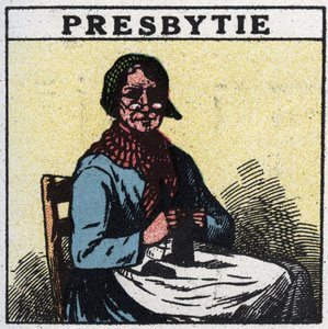 Das Auge: Person mit Presbyopie. Anonyme Illustration von 1925. Private Sammlung