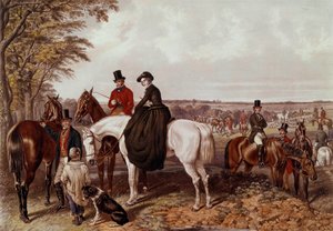Die Fuchsjagd, das Treffen Der Reiter steigt in die Amazon. Anonyme Lithographie des 19. Jahrhunderts. Private Sammlung