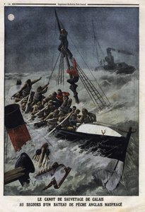 Das Rettungsboot von Calais rettet ein sinkendes englisches Fischerboot. Gravur in „Le Petite Journal“, am 11.02.1912. Private Sammlung.