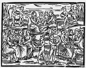 Das Mahl der Hexen am Sabbat - „Compendium Maleficarum“, behandelt Hexen, ihre Bosheit und ihre Zauberei von Francesco Maria Guazzo (1608) Private Sammlung