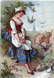 Die Milch und der Milchtopf. Fabel von Jean de La Fontaine (1621-95). Chromolithografie des 19. Jahrhunderts. Private Sammlung. von Anonymous Anonymous