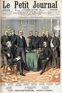 Das Ministerium von Rouvier: Unten von links nach rechts: Joseph Ruau, Landwirtschaftsminister, Gaston Thomson, Marineminister, Maurice Rouvier, Präsident des Rates und Finanzminister, Etienne Clementel. von Anonymous Anonymous