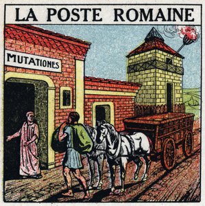 Die Post: die römische Post. Eine „Mutationes“, ein Ort, an dem Pferde für das Postwesen gemietet werden konnten, genannt „Curriculum Publicus“. Anonyme Illustration von 1925. Private Sammlung. von Anonymous Anonymous