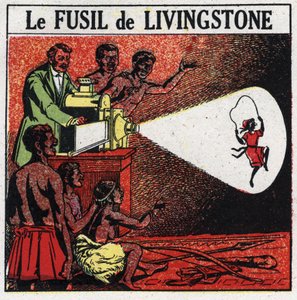 Die Projektion: Livingstones Gewehr. David Livingstone (1813-1873), schottischer Missionar und Entdecker, mit der Zauberlaterne im Balonda-Stamm in Afrika. Anonyme Illustration von 1925. Private Sammlung. von Anonymous Anonymous