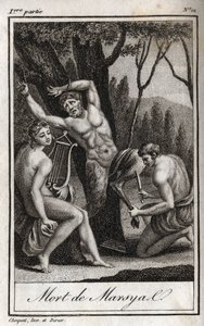 Die Bestrafung oder der Tod des Marsyas (Die Bestrafung des Marsyas) wird bestraft, weil er Apollo zur Lyra herausgefordert hat, und wird vom Bogenschützen in Anwesenheit von König Midas und den Musen gehäutet. Gravur von 1819 in „Lettres à Emilie sur la m