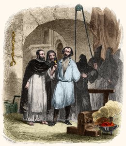 Die Frage des Seils im 16. Jahrhundert. Illustration in „Geheimnisse der Inquisition und anderer Geheimgesellschaften Spaniens“ von Victor de Fereal, Suberwick, Manuel Galo de Cuendias. Veröffentlicht von P. Boizard von Anonymous Anonymous