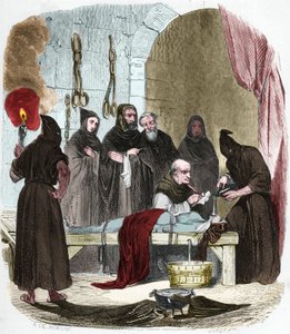 Die Wasserfrage: Pedro (Pierre) de Arbues (1441/1442 - 1485) verhört unter Folter eine junge Frau, die angeblich ihre Schwester zum Luthertum verführt hat. Mit Schnüren gefesselt, wird Wasser in ein Tuch gegossen, das in den Rachen gedrückt wird. von Anonymous Anonymous