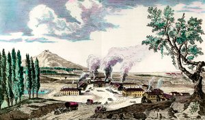 Die königliche Gießerei in Le Creusot (Saône-et-Loire) im Jahr 1787. Sie stellte unter anderem die Bewaffnung der französischen Armee her. Gravur aus dem 18. Jahrhundert. Private Sammlung von Anonymous Anonymous