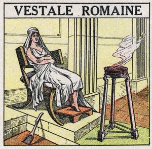Die Lichtquellen: eine Vestalin im Römischen Reich, um ein heiliges Feuer zu erhalten, das niemals erlöschen darf. Anonyme Illustration von 1925. Private Sammlung. von Anonymous Anonymous