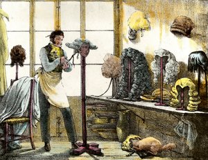 Die Perücke, die eine Katogan-Perücke stylt, Herrenfriseur. Gravur aus „Mirror shows, letters, meds, etc. The arts“ 1821-1823, Privatsammlung von Anonymous Anonymous