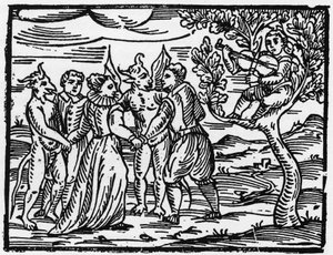 Die Hexen tanzen auf dem Sabbat zum Klang der Geige - „Compendium Maleficarum“, behandelt Hexen, ihre Bosheit und ihre Zauberei von Francesco Maria Guazzo oder Guaccio oder Guaccius (15?? -16??) 1608 Private Sammlung von Anonymous Anonymous
