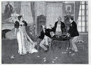 Theateraufführung: „Das System Ribadier“, Vaudeville von Georges Feydeau (1862-1921) und Maurice Hennequin (1863-1926) im Théâtre du Palais-Royal in Paris. Gravur in „Le monde illustré“ von 1892. Private Sammlung.