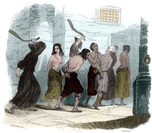 Folter während der Inquisition in Spanien im 16. Jahrhundert: Die Pein der Peitsche. Illustration in „Mysteres of the Inquisition and Other Secret Societies of Spain“ von Victor de Fereal, Suberwick, Manuel Galo de Cuendias. Veröffentlicht von P. Boizard