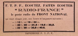 Flugblatt der FFI-FTPF, das zum Hören von Radio France aufruft, „der Radiosender der Front National“