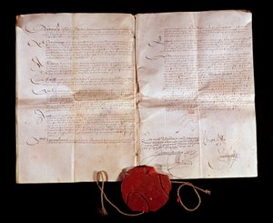 Vertrag von Cateau-Cambrésis zwischen Heinrich II. (1519-1589) und Philipp II. von Spanien am 3.04.1559. Frankreich gibt seine italienischen Gebiete an Spanien zurück. Dieser Vertrag beendete die Italienischen Kriege. Paris, Nationalarchiv von Anonymous Anonymous