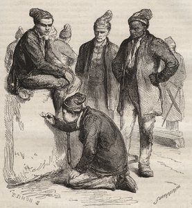 Arten von Galerien aus dem Bagne von Brest im 19. Jahrhundert. Gravur in „Histoire des bagnes depuis leur création à nos jours“ (1877) von Pierre Zaccone (1817-1895). Private Sammlung von Anonymous Anonymous