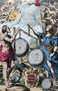 Urania, die Muse der Astronomie, dargestellt vor Argus, hält ein Teleskop. Sie wiegen und vergleichen das System von Kopernikus (links) und das von Jesuit Giovanni Riccioli, inspiriert von Tycho Brahe (der die geozentrischen Visionen von Ptolemäus und Kope