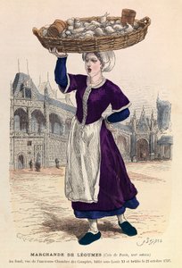 Gemüseverkäufer in Paris im 16. Jahrhundert (im Hintergrund, Ansicht der ehemaligen Rechnungskammer, erbaut unter Ludwig XI. und am 27. Oktober 1737 abgebrannt) von Anonymous Anonymous