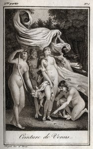 Venusgürtel: Während die Schlacht zugunsten der Trojaner weitergeht, benutzt Juno den Gürtel der Venus, um Jupiter zu bezaubern, und Schlaf, um ihn einzuschläfern. Gravur von 1819 in „Lettres à Emilie sur la mythologie“ von Charles Albert Demoustier (1760-