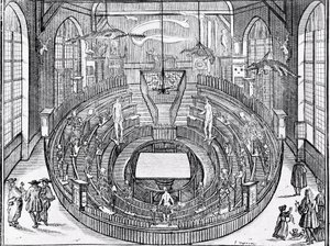 Ansicht eines anatomischen Theaters wahrscheinlich an der Universität Leiden im frühen 17. Jahrhundert (Gravur)