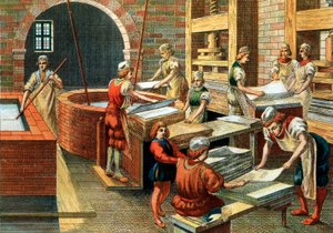 Ansicht einer Papiermanufaktur in Fabriano im 16. Jahrhundert, Italien. Die verschiedenen Schritte. Illustration. Private Sammlung - Eine Papiermanufaktur in Fabriano (Italien) von Anonymous Anonymous