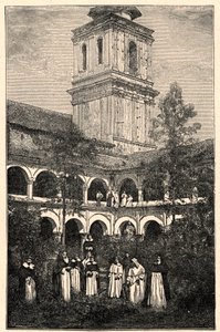 Ansicht des Dominikanerklosters in Quito, Ecuador. Gravur in „Les Missions Catholiques au XIXème Siècle“ von Louis-Eugène Louvet. Private Sammlung.
